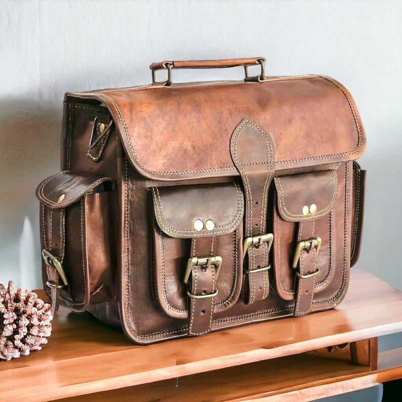 Craftshades – 11*15 Inch Double Pocket Handcrafted Vintage Messenger Goat Unisex Leather Bag | 100% Genuine Leather - Image 9