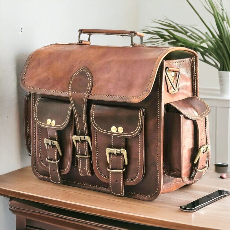 Craftshades – 11*15 Inch Double Pocket Handcrafted Vintage Messenger Goat Unisex Leather Bag | 100% Genuine Leather - Image 2