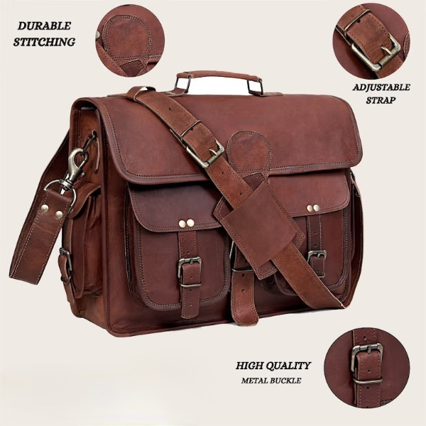 Craftshades – 11*15 Inch Double Pocket Handcrafted Vintage Messenger Goat Unisex Leather Bag | 100% Genuine Leather - Image 10
