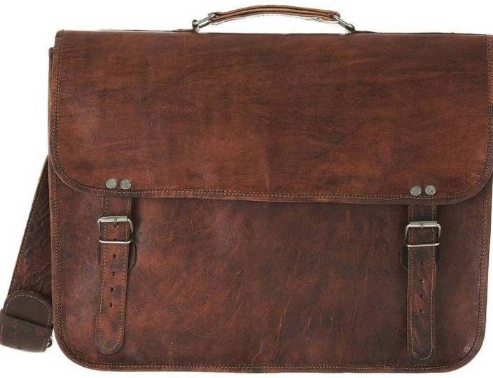 Craftshades – Dark Brown Double Strip Plain 16″12 Handcrafted Leather Laptop Bag | 100% Genuine Leather