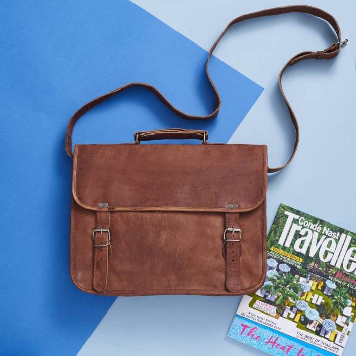 Craftshades – Dark Brown Double Strip Plain 16″12 Handcrafted Leather Laptop Bag | 100% Genuine Leather - Image 3