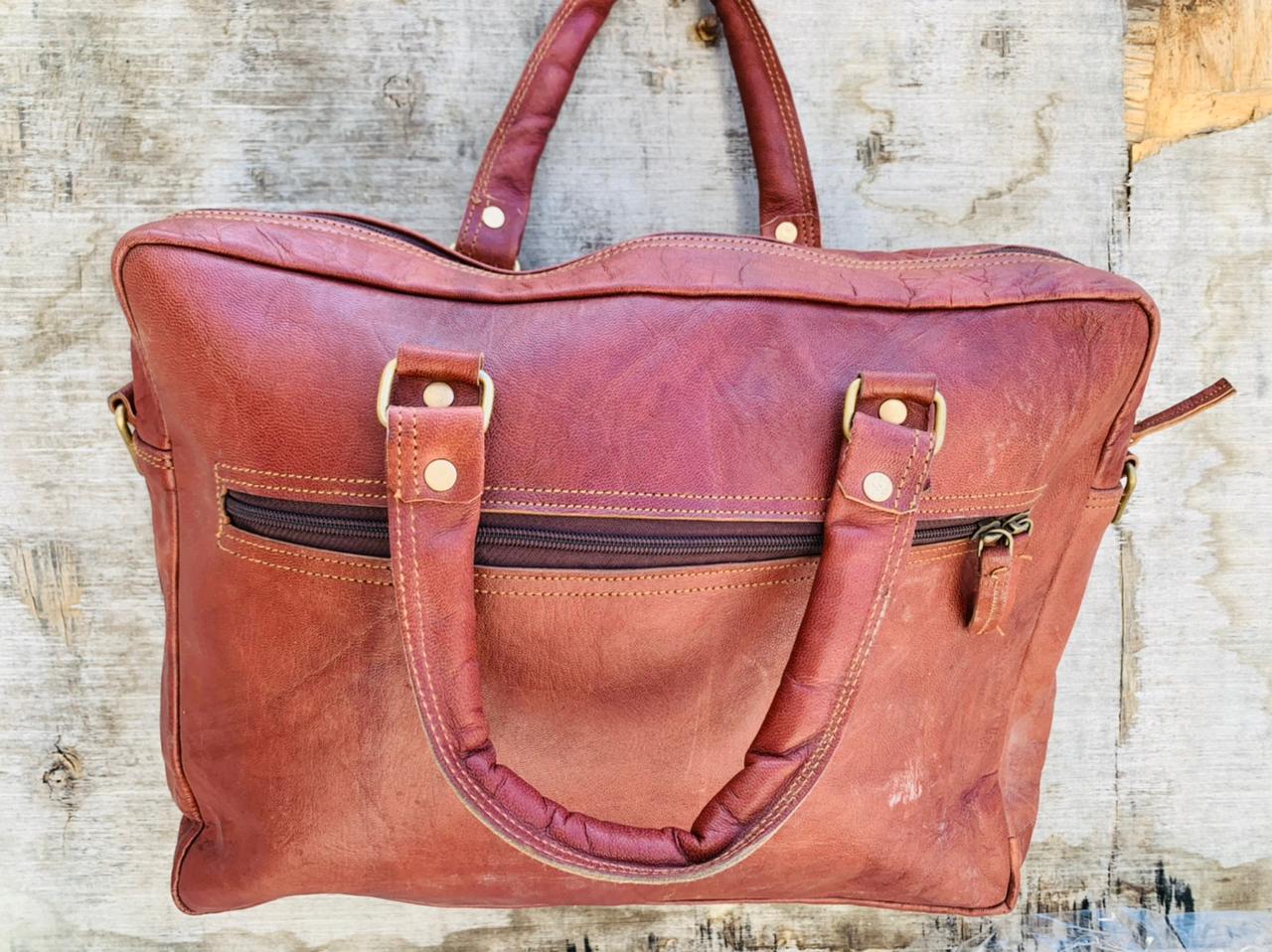 Craftshades – 15″ Double Strip Handcrafted Briefcase Goat Leather Bag (Brown) | 100% Genuine Leather - Image 3