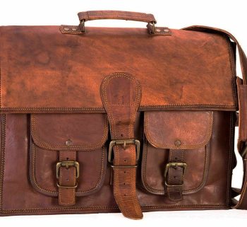 Craftshades – 15 Inch Double Pocket Handcrafted Vintage Messenger Goat Leather Bag For Men | 100% Genuine Leather
