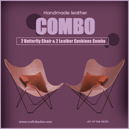 Handmade leather 2 Butterfly Chair & 2 Leather Cushions Combo