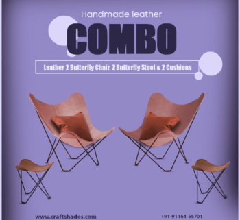 Handmade Leather 2 Butterfly Chair, 2 Butterfly Stool & 2 Cushions