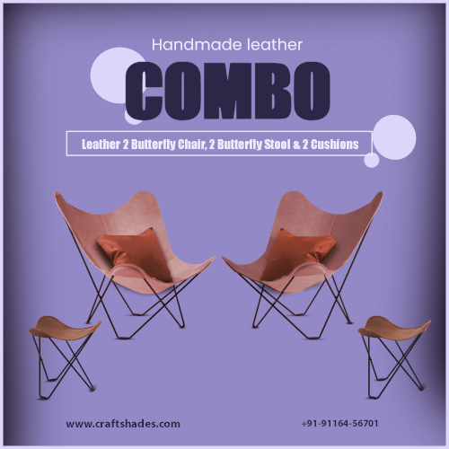 Handmade Leather 2 Butterfly Chair, 2 Butterfly Stool & 2 Cushions