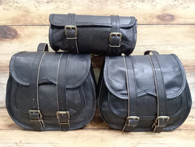 Craftshades Saddle Bags Motorcycle Bag Black Leather Pouch Saddlebag Motorbike Tool Pouch Set of 3 Bags Saddle Leather bag - Image 6