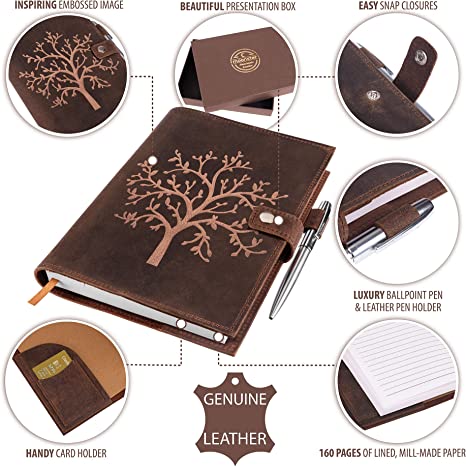 Craftshades Refillable Leather Journal Lined Notebook - Embossed Tree of Life, Handmade Genuine Leather Notebook for Men & Women with Pen Holder - Image 2