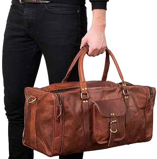 Craftshades - | 22 Inch 3 Compartments (Expandable) Handcrafted Duffle Goat Leather Bag (Brown) | 100% Genuine Leather