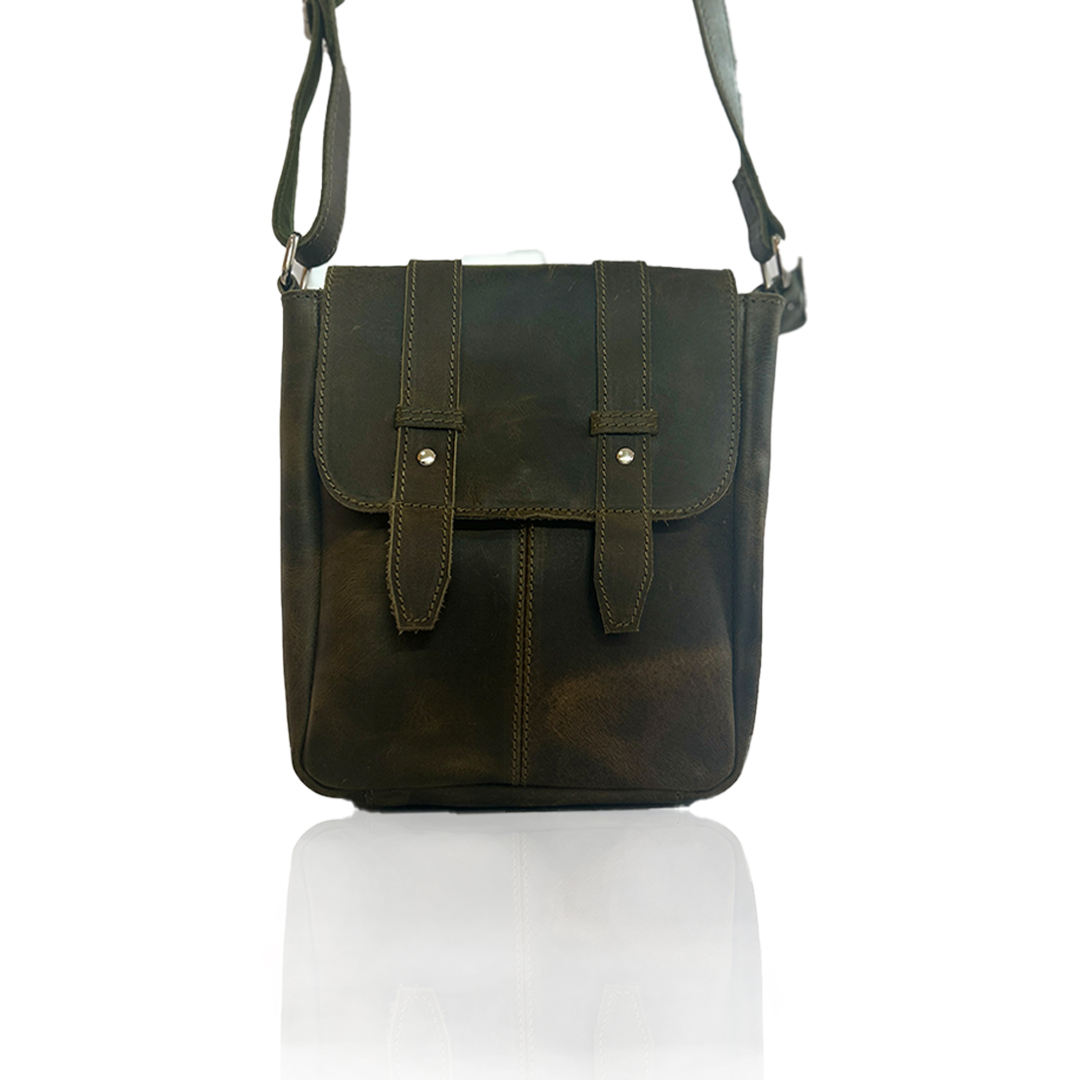 Craftshades -9 inches Green Colour Double Strip Buffalo Leather Sling Bag | 100% Genuine Leather