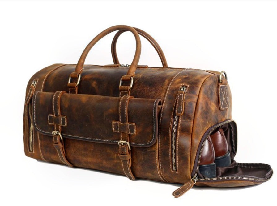 24 inch Buffalo Leather Duffle Bag with Shoes Compartment