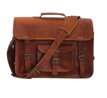 Craftshades –  13 Inch Single Pocket Double Strip Handcrafted Satchel Goat Leather Bag | 100% Genuine Leather