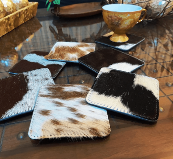 Image for Real Cowhide Coasters Set Western Decor Cow Hide Leather