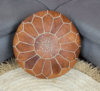 White Stitching Leather Pouf Ottoman Moroccan Pouffe