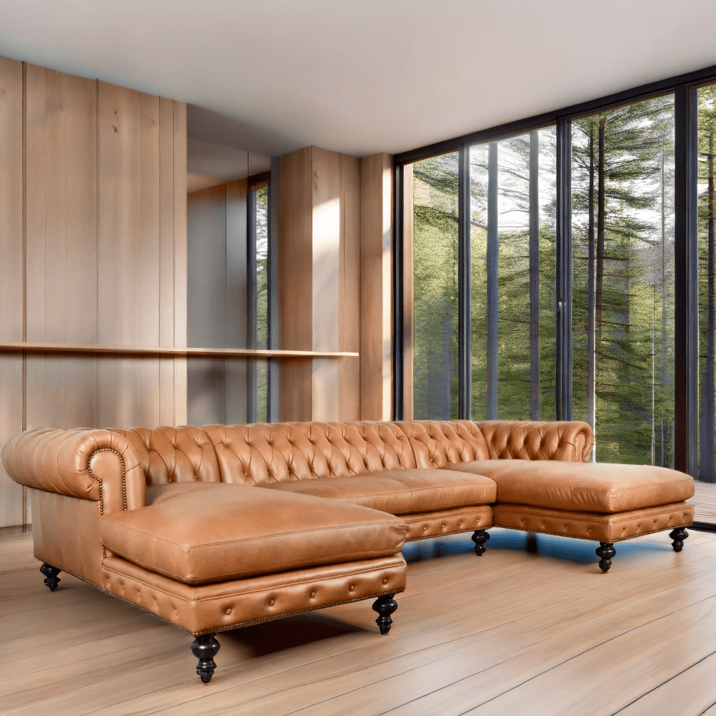 Craftshades caramel leather L shape Chesterfield sofa