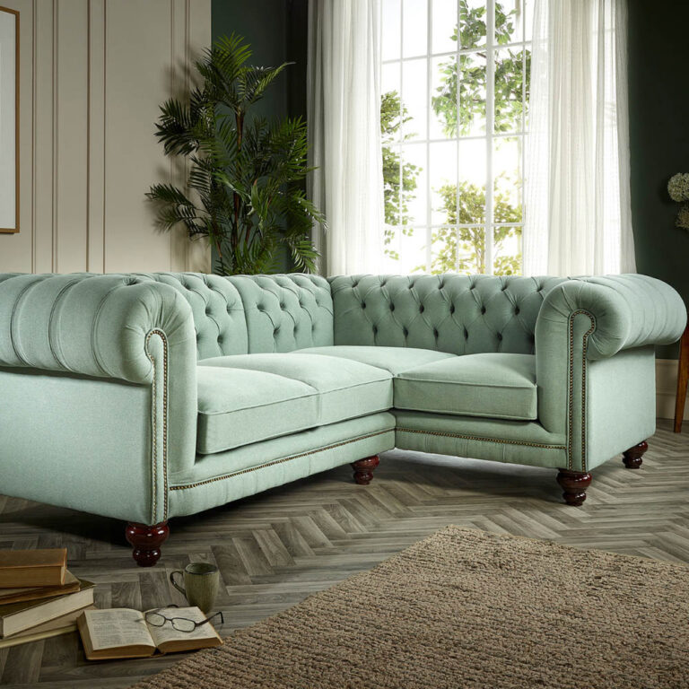 craftshades sage green L shape Chesterfield sofa