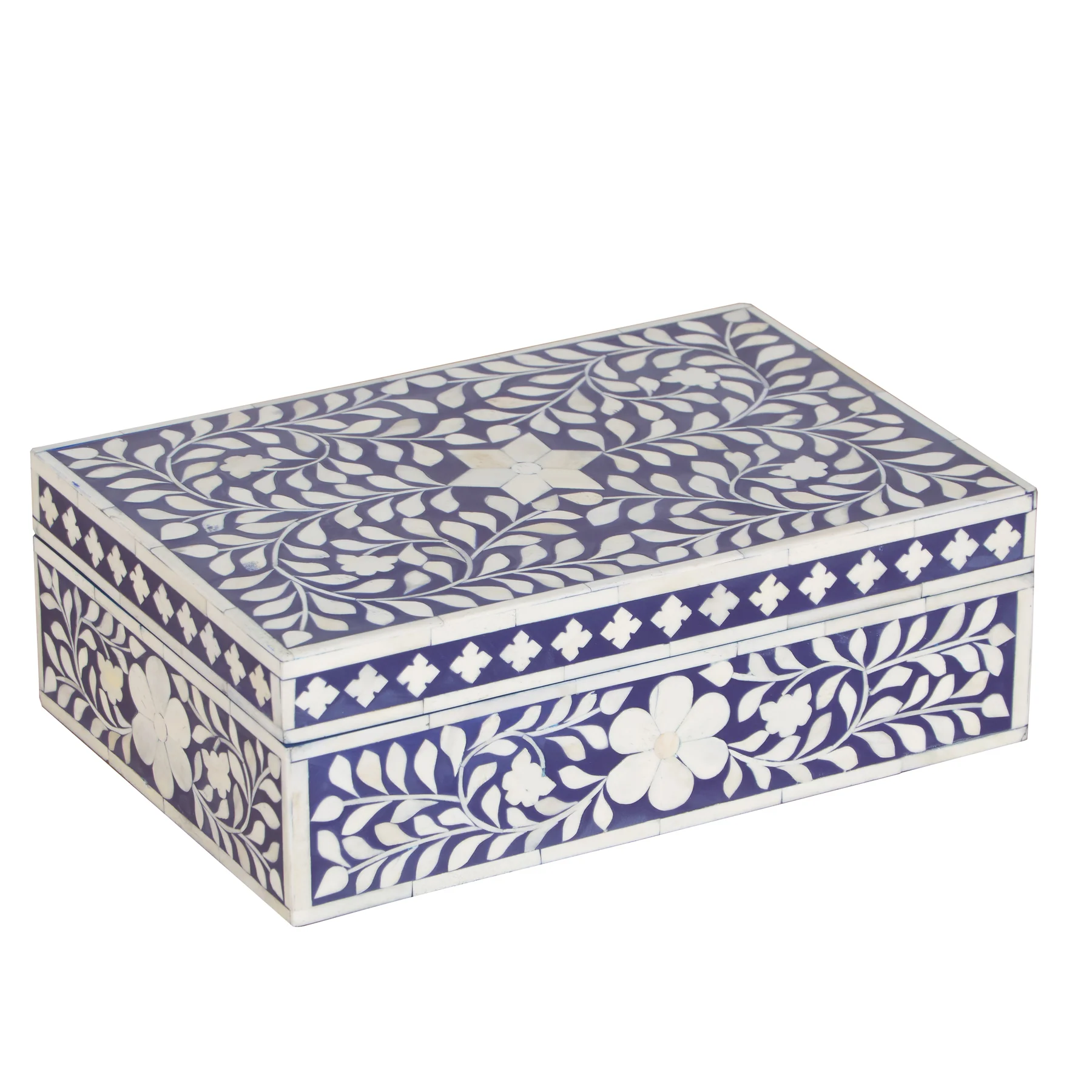 Handcrafted Bone Inlay Storage Box – Indigo Blue Floral - Image 3