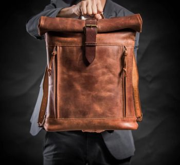 Becko Full Grain Leather Rolltop Backpack – Classic Black Urban Style