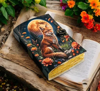 Moonlit Fox Art Leather Diary with Antique Lock